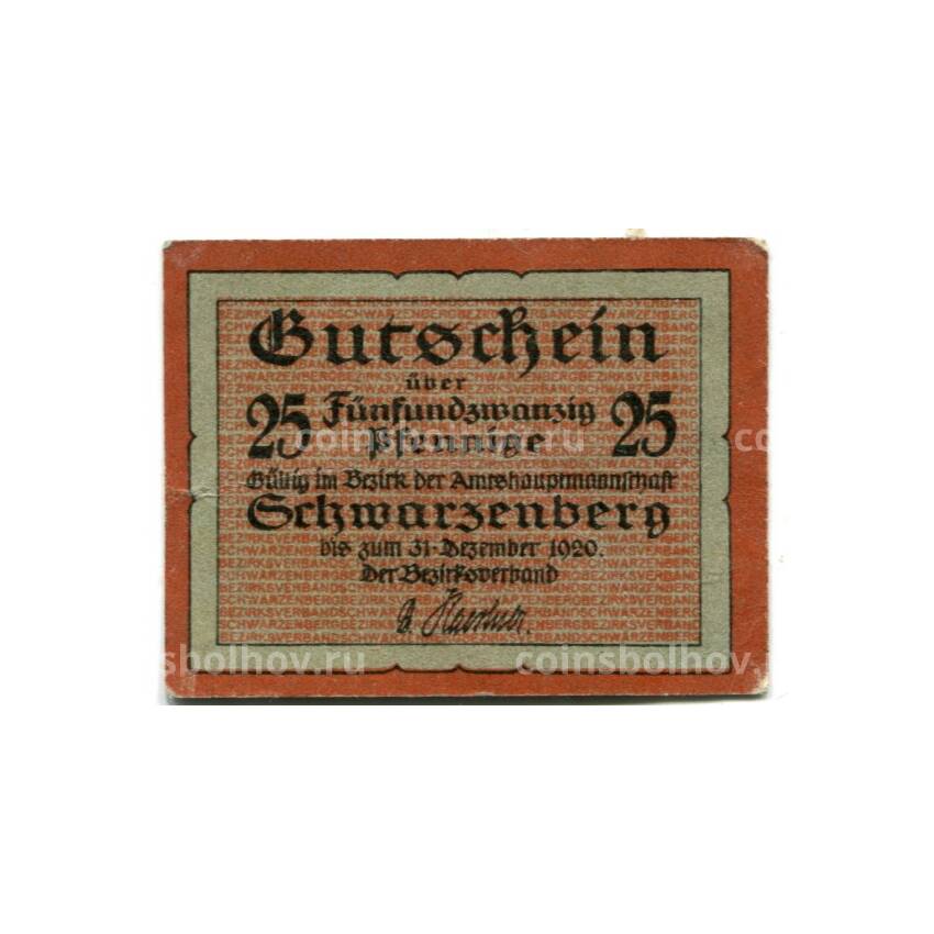 Банкнота 25 пфеннигов 1920 года Германия Нотгельд — Шварценберг