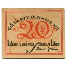 Банкнота 20 пфеннигов 1921 года Германия Нотгельд — Любек