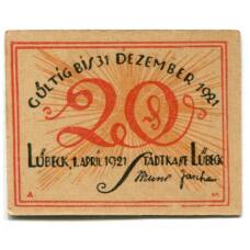 Банкнота 20 пфеннигов 1921 года Германия Нотгельд — Любек