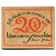 Банкнота 20 пфеннигов 1921 года Германия Нотгельд — Любек