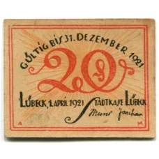 Банкнота 20 пфеннигов 1921 года Германия Нотгельд — Любек