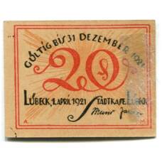 Банкнота 20 пфеннигов 1921 года Германия Нотгельд — Любек