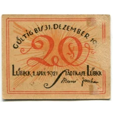 Банкнота 20 пфеннигов 1921 года Германия Нотгельд — Любек