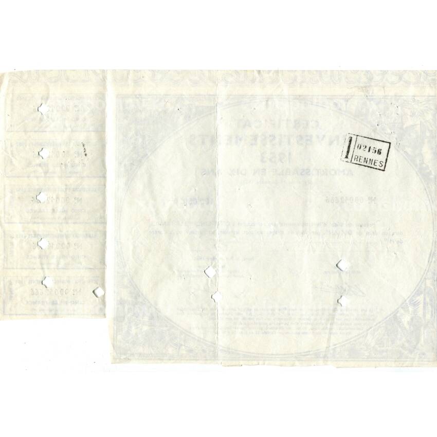 Банкнота Сертификат инвестиционный с купонами 100000 франков 1953 года Франция (вид 2)