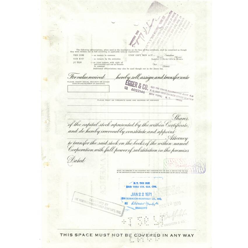 Банкнота Сертификат передаточный на 100 акций HOSPITAL CORPORATION of AMERICA 1971 года США (вид 2)