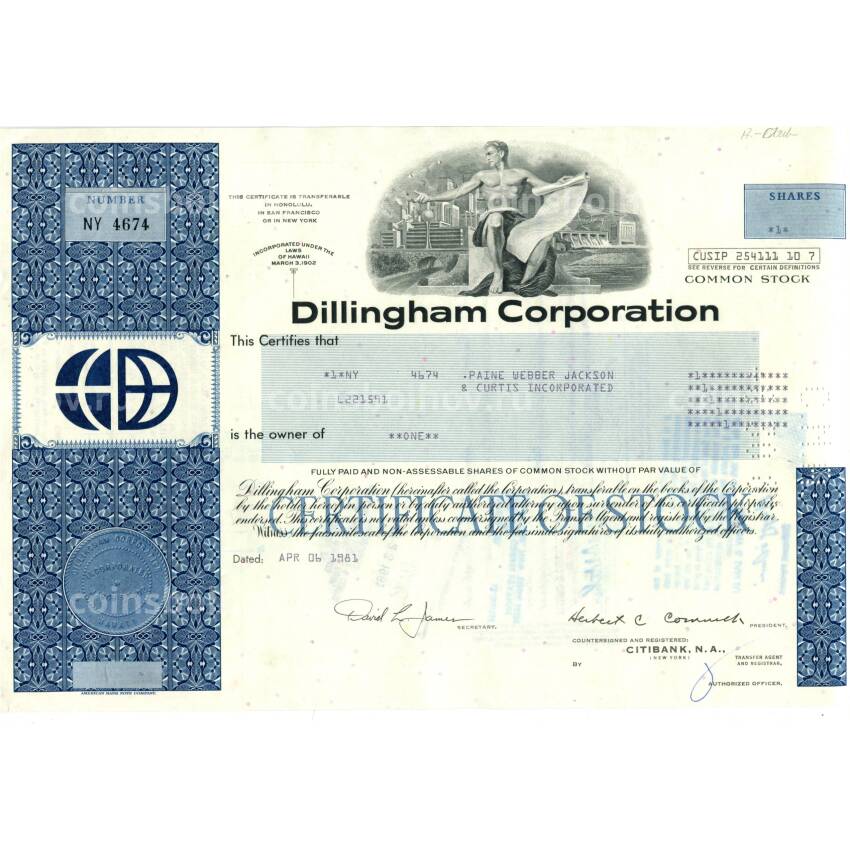 Банкнота Сертификат передаточный на 1 акцию Dilligham Corporation 1981 года США