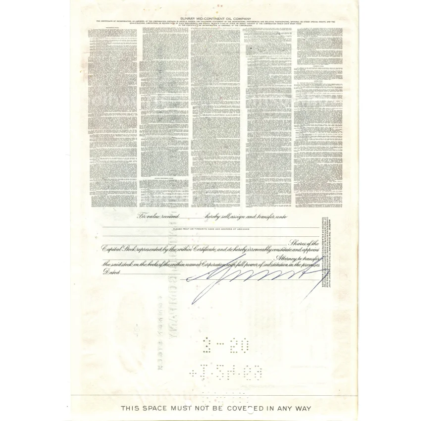 Банкнота Сертификат передаточный на 20 акций SUNRAY MID-CONTINENN OIL COMPANY 1955 года США (вид 2)