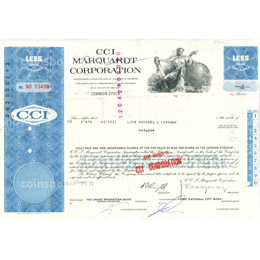 Банкнота Сертификат передаточный на 2 акции CCI MARQUARDT CORPORATION 1971 года США