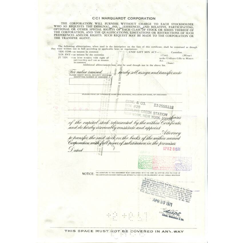 Банкнота Сертификат передаточный на 2 акции CCI MARQUARDT CORPORATION 1971 года США (вид 2)