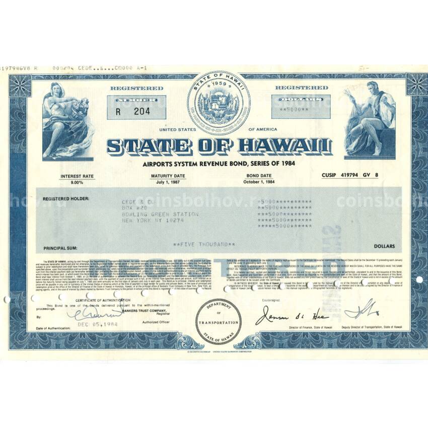 Банкнота Облигация 9%-я на 5000 долларов 1984 года Штата Гавайи США