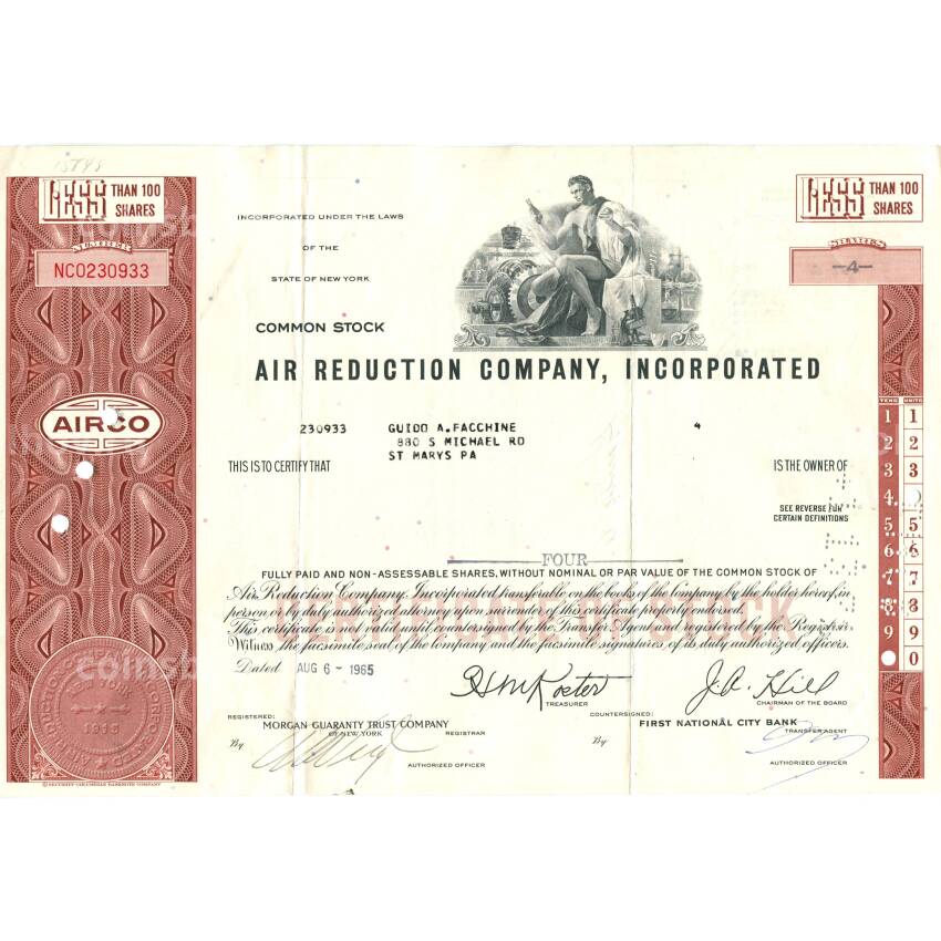 Банкнота Сертификат передаточный на 4 акции  AIR REDUCTION COMPANY 1965 года США