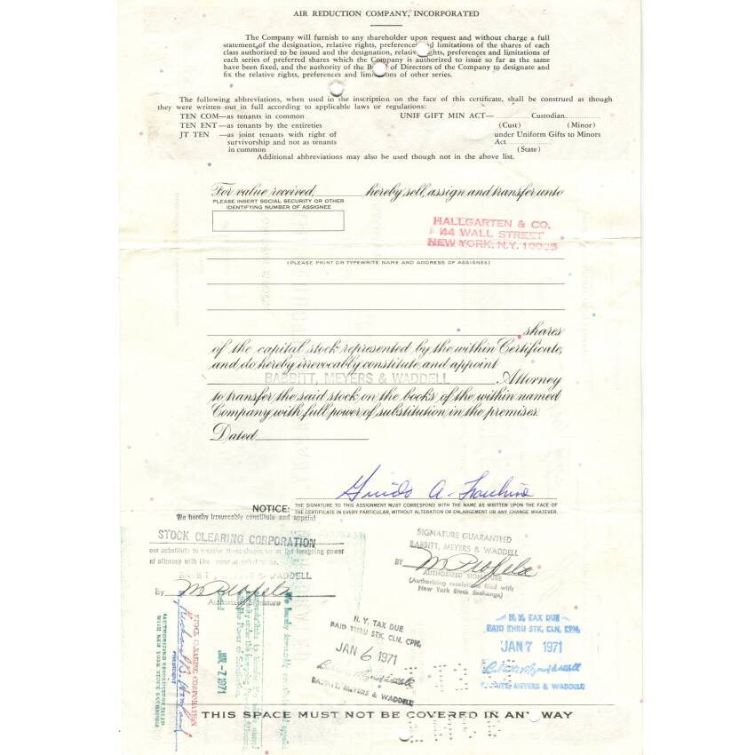Банкнота Сертификат передаточный на 4 акции  AIR REDUCTION COMPANY 1965 года США (вид 2)