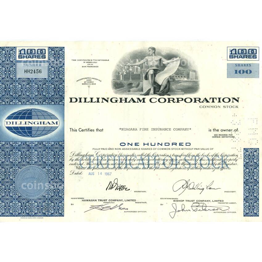 Банкнота Сертификат передаточный на 100 акций DILLIGHAM CORPORATION 1967 года США
