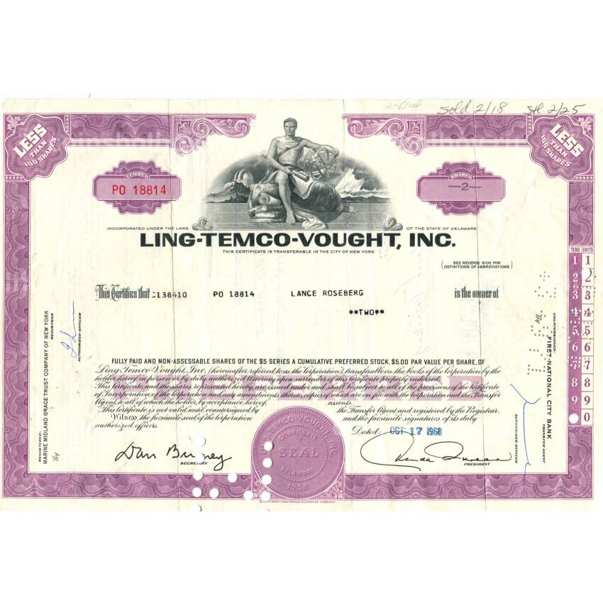 Банкнота Сертификат передаточный на 2 акции LONG-ТЕМСO -VOUGHT 1968 года США
