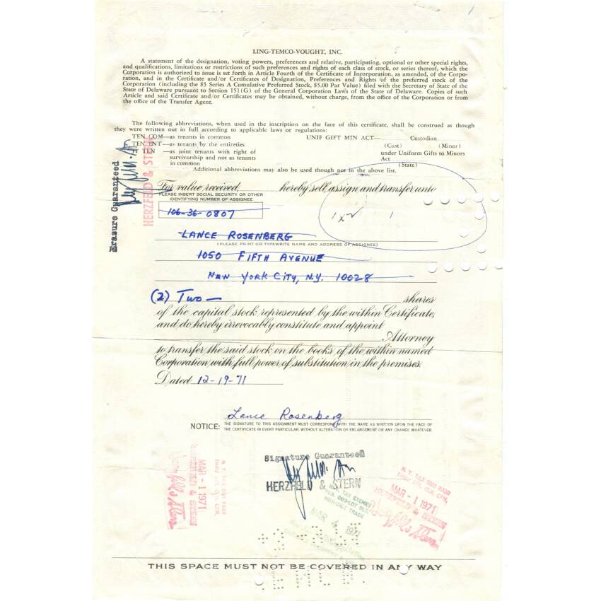 Банкнота Сертификат передаточный на 2 акции LONG-ТЕМСO -VOUGHT 1968 года США (вид 2)