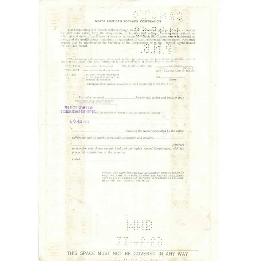 Банкнота Сертификат передаточный на 100 акций NORT AMERICAN ROCKWELL CORPORATION 1969 года США (вид 2)