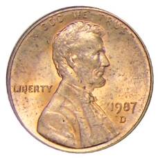 Монета 1 цент 1987 года D США (аверс)