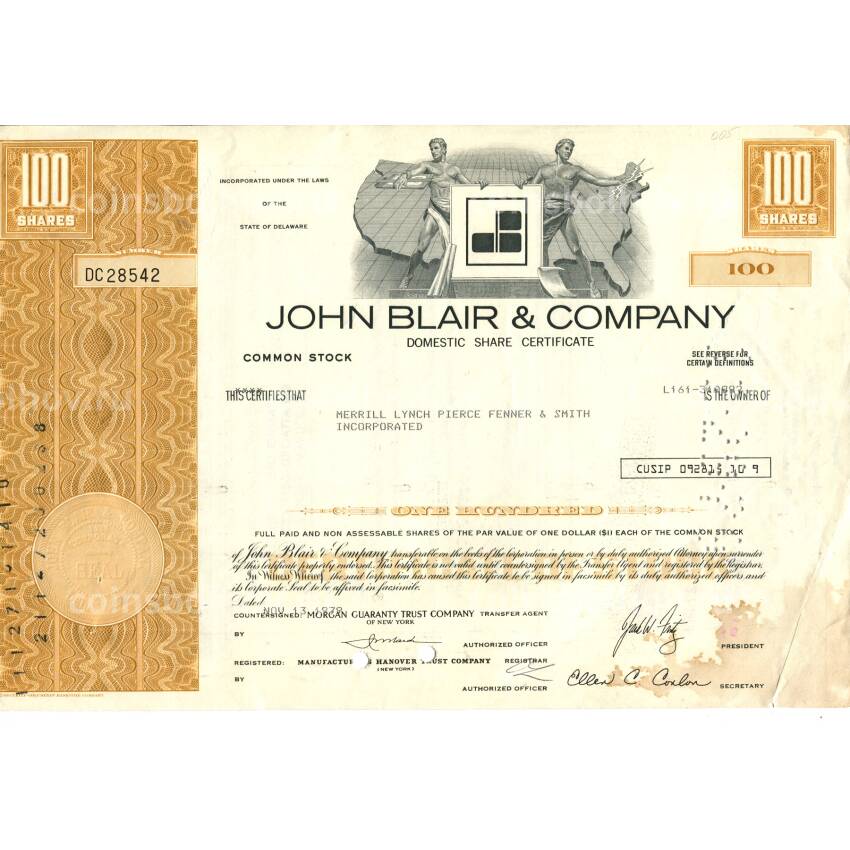 Банкнота Сертификат передаточный на 100 акций JOHN BLAIR and COMPANY 1979 года (США)