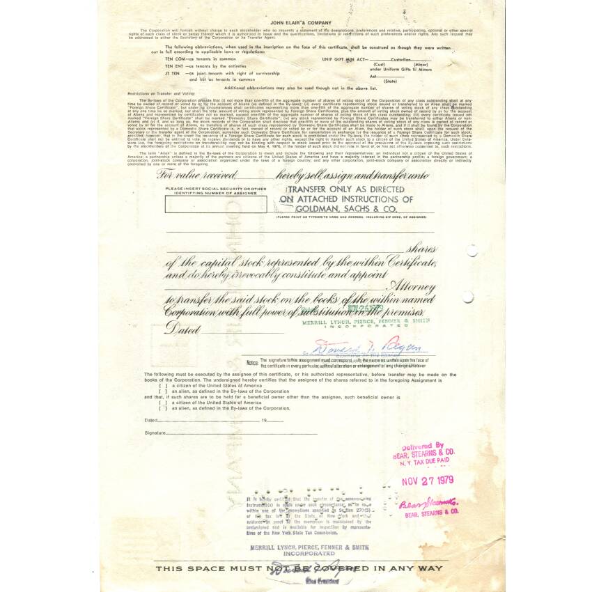 Банкнота Сертификат передаточный на 100 акций JOHN BLAIR and COMPANY 1979 года (США) (вид 2)