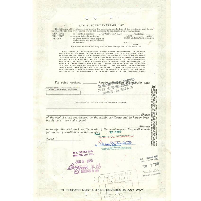 Банкнота Сертификат передаточный на 1 акцию LTV ELECTROSYSTEMS  1969 года (США) (вид 2)