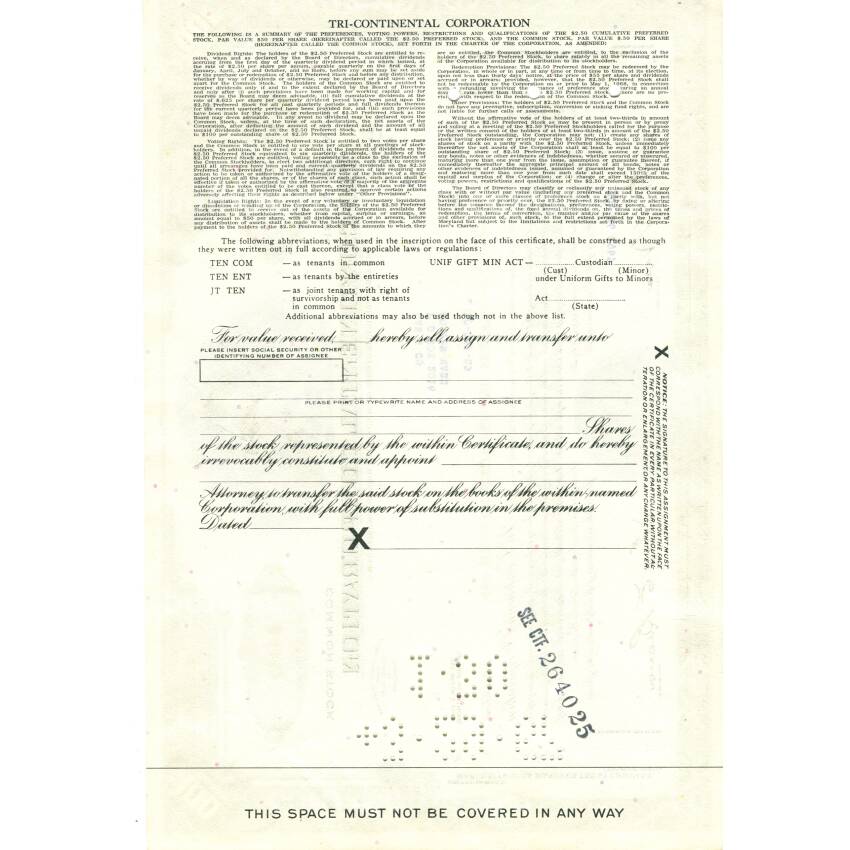 Банкнота Сертификат передаточный на 100 акций TRI CONTINENTAL CORPORATION 1965 года (США) (вид 2)