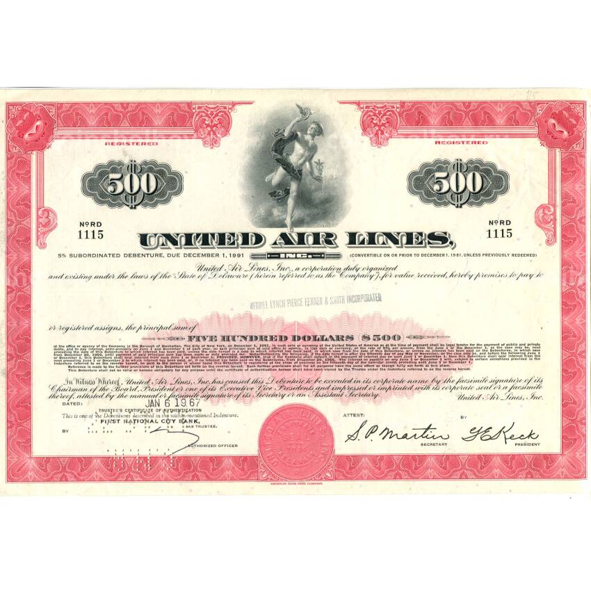 Банкнота Облигация 5%-я на 500 долларов  UNITED AIR LINES 1967 года США