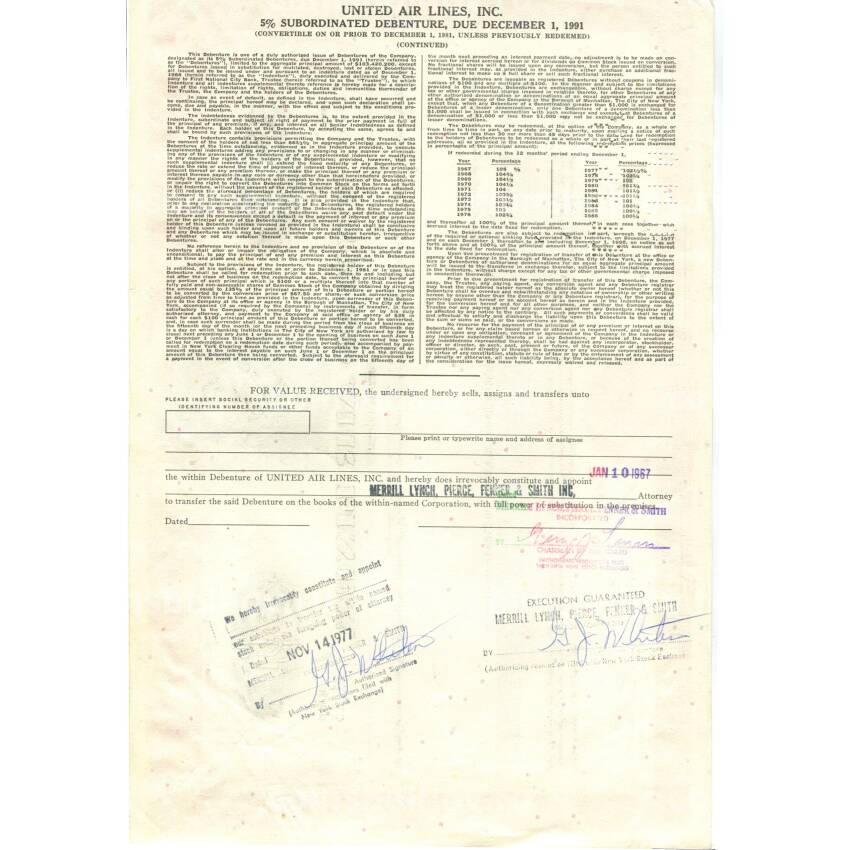 Банкнота Облигация 5%-я на 500 долларов  UNITED AIR LINES 1967 года США (вид 2)