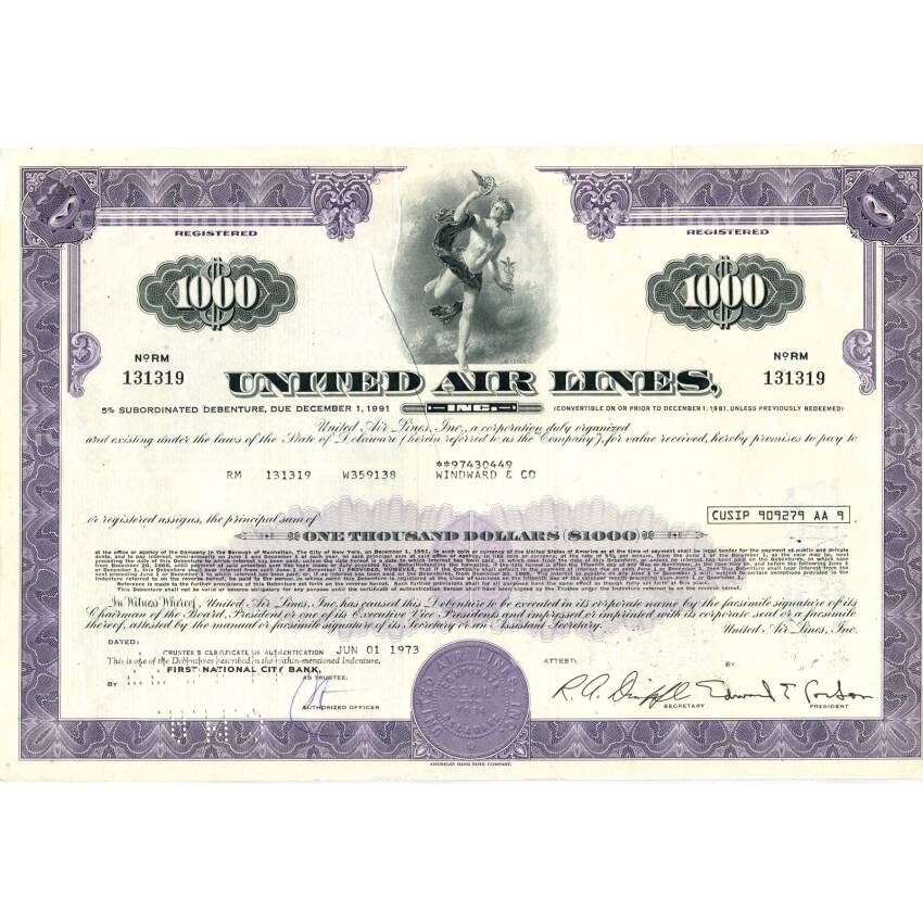 Банкнота Облигация 5% на 1000 долларов UNITED AIR LINES 1973 года США