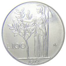 Монета 100 лир 1972 года Италия (аверс)