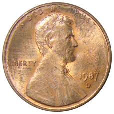 Монета 1 цент 1987 года D США (аверс)