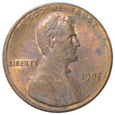 Монета 1 цент 1987 года США (аверс)