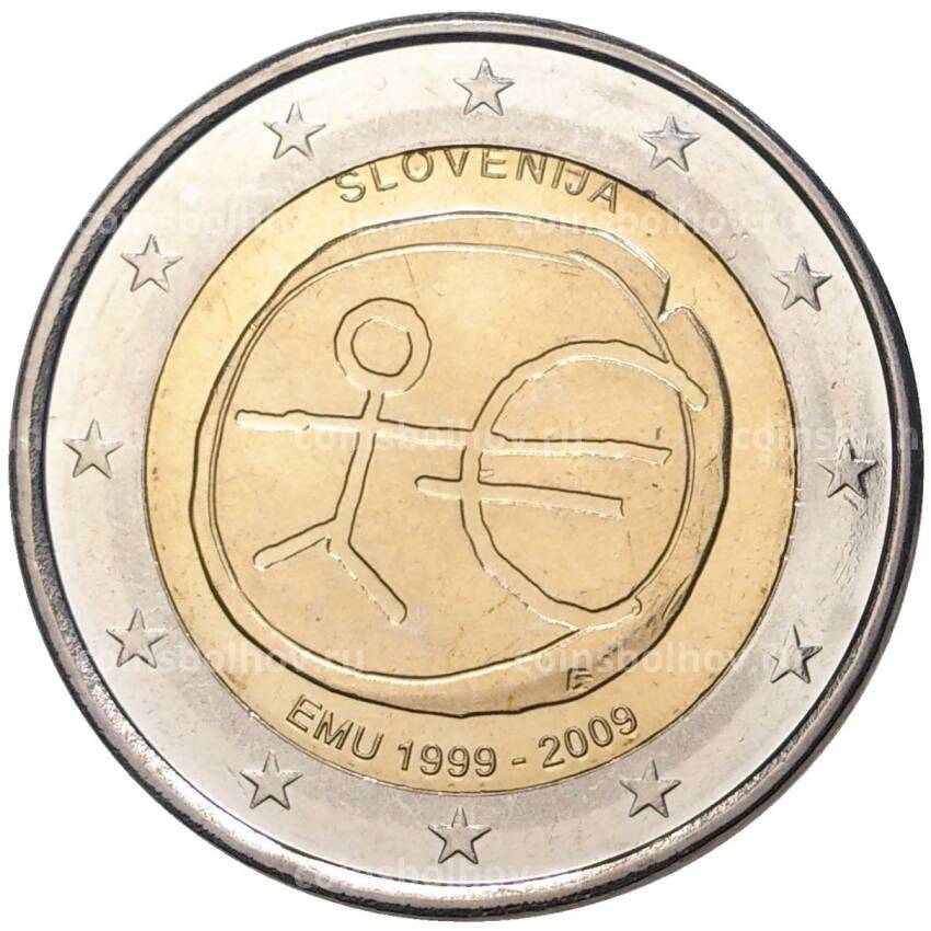 Монета 2 евро 2009 года Словения —  10 лет монетарной политики ЕС и введения евро