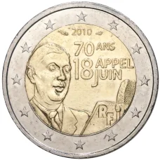 Монета 2 евро 2010 года Франция —  70 лет речи Шарля де Голля «Ко всем французам» (аверс)