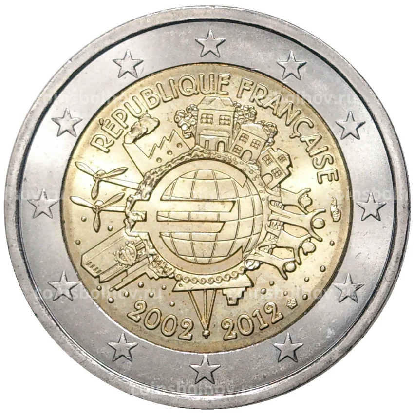 Монета 2 евро 2012 года Франция —  10 лет евро наличными