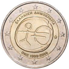 Монета 2 евро 2009 года Греция —  10 лет монетарной политики ЕС и введения евро (аверс)