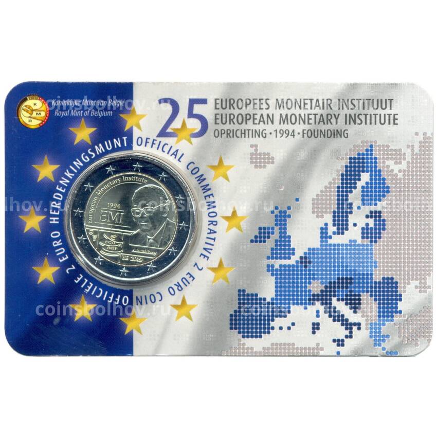 Монета 2 евро 2019 года Бельгия —  25 лет Европейскому валютному институту (надписи на лицевой стороне блистера на фламандском и английском языке)