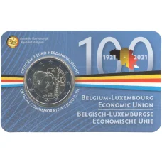 Монета 2 евро 2021 года Бельгия — 100 лет Бельгийско-Люксембургскому экономическому союзу (Текст на лицевой стороне блистера на английском и фламандском) (аверс)