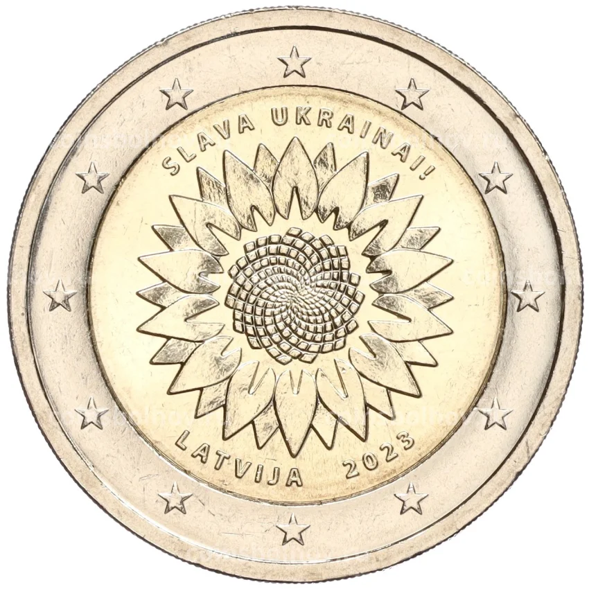 Монета 2 евро 2023 года Латвия —  Украина (Подсолнух)