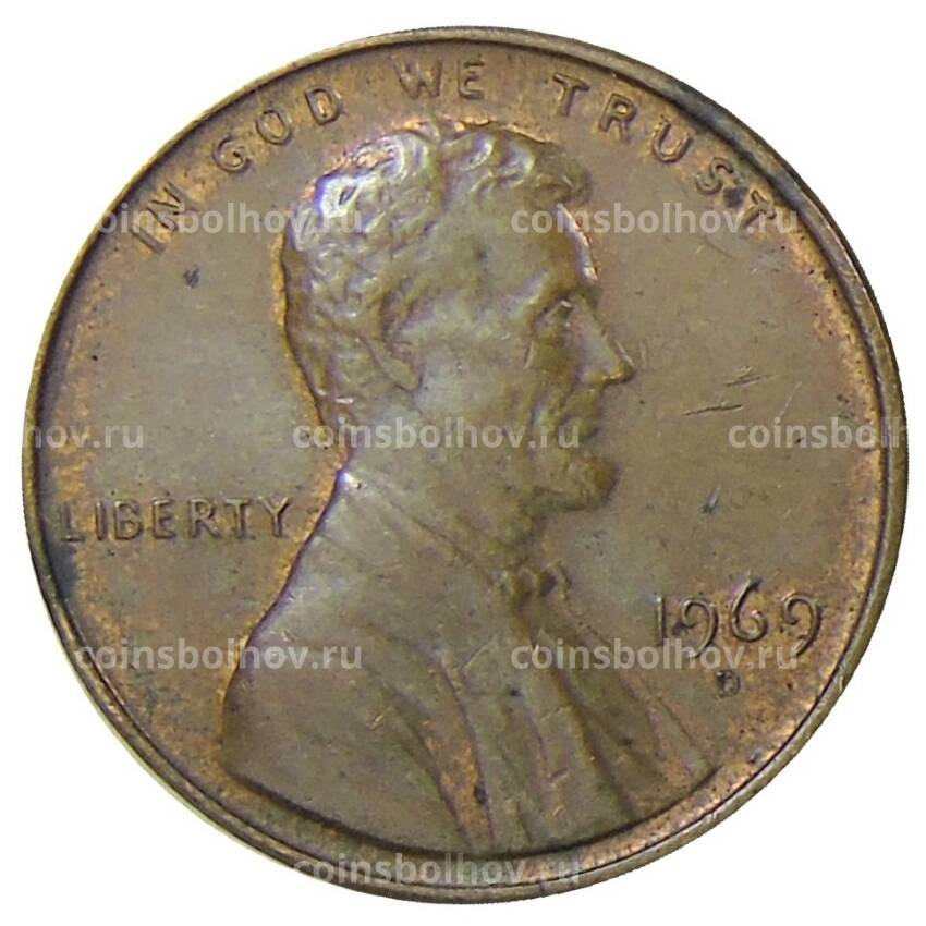 Монета 1 цент 1969 года D США