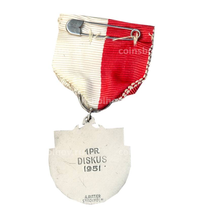 Медаль спортивная «За 1-е место по метанию диска -1951 год» Швеция (вид 2)