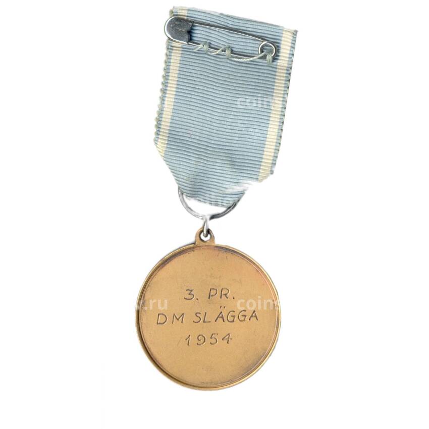 Медаль спортивная «За 3-е место по метанию копья -1954 год» Швеция (вид 2)
