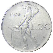 Монета 50 лир 1968 года Италия (аверс)