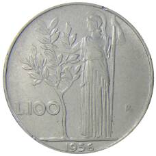 Монета 100 лир 1956 года Италия (аверс)