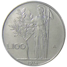 Монета 100 лир 1974 года Италия (аверс)