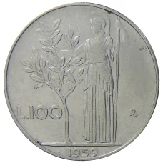Монета 100 лир 1959 года Италия (аверс)