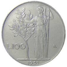 Монета 100 лир 1967 года Италия (аверс)