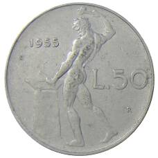 Монета 50 лир 1955 года Италия (аверс)