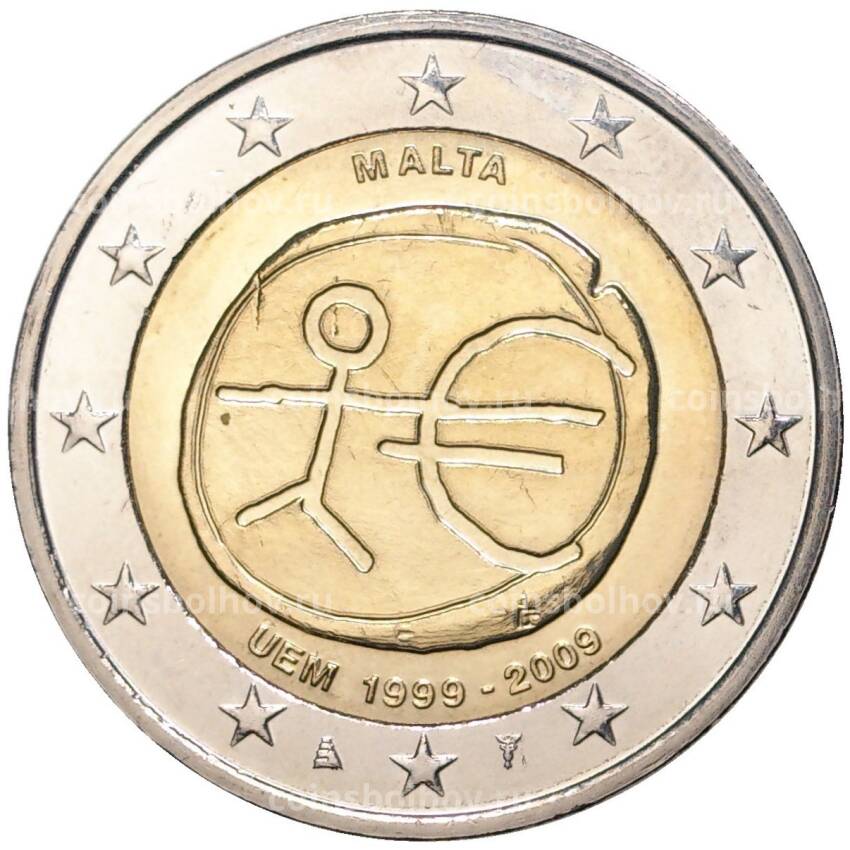 Монета 2 евро 2009 года Мальта —  10 лет монетарной политики ЕС (EMU) и введения евро