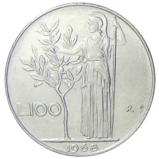Монета 100 лир 1968 года Италия (аверс)