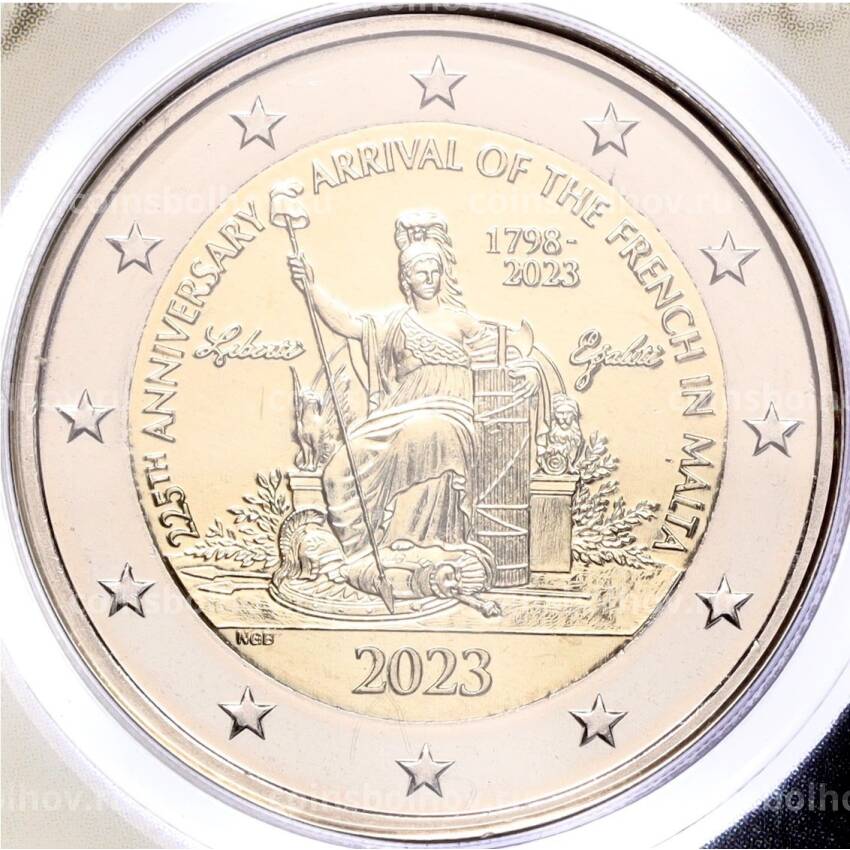 Монета 2 евро 2023 года Мальта «225-я годовщина прибытия французов на Мальту» (в буклете)
